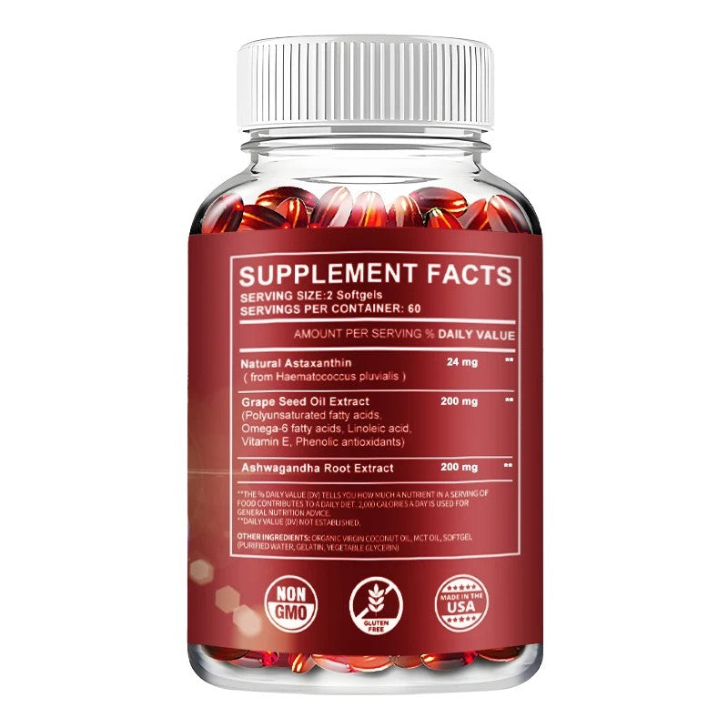 Astaksantin( Astaxanthin) +komplex- (visoke potencije 60 kaps. od 24mg u 2 kapsule) sa uljem sjemenki grožđa, ekstraktom Ashwagandha, organskim kokosovim uljem i MCT uljem za zdravlje kardiovaskularnog sistema,očiju,kože izglobova i imunitet