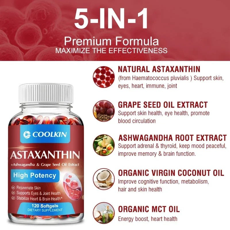 Astaksantin( Astaxanthin) +komplex- (visoke potencije 60 kaps. od 24mg u 2 kapsule) sa uljem sjemenki grožđa, ekstraktom Ashwagandha, organskim kokosovim uljem i MCT uljem za zdravlje kardiovaskularnog sistema,očiju,kože izglobova i imunitet