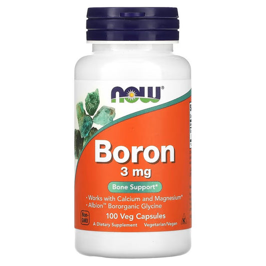 BORON-Mineral Bor; 3mg/100 caps. Now Foods USA;Bor je biološki aktivni mineral u tragovima koji utiče na metabolizam kalcija, magnezija i fosfora. Poznato je da bor podržava čvrstoću i strukturu kostiju.