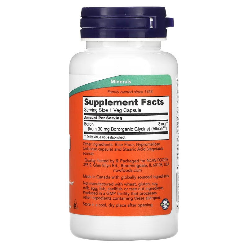 BORON-Mineral Bor; 3mg/100 caps. Now Foods USA