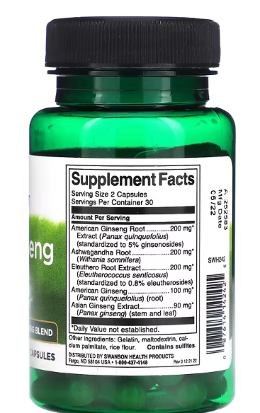Swanson, Dual Ginseng Plus, 60 kaps.Mješavina Američkog,Sibirskog i Azijskog ženšena sa dodatkom Ashwagandh,Za više Energije i manje stresa;Swanson-USA
