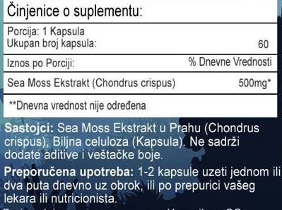Sea Moss Extract -Morska mahovina 500mg/60 caps. Mi Natureza podrške imunitetu, štitnoj žlezdi, koži,snazi,energiji,kardio-srcu i još mnog toda...Naš BREND;Iskoristite Reklamnu cenu !
