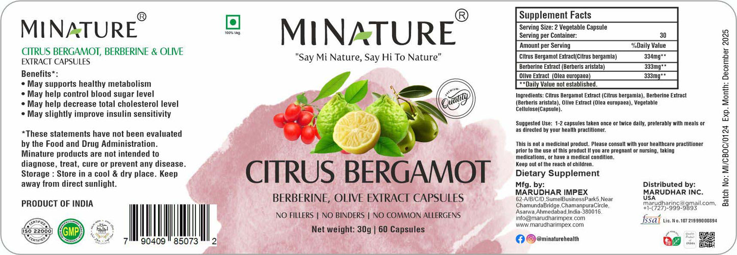 Citrus Bergamot sa Berberinom i Olive Extract 60 kaps."Mi Nature"- za zaštitu krvnih sudova i arterija ,kod problema Triglecirida,LDL Holesterola,kod osoba sa oscilacijama šećera u krvi,problema plakta i sl. (ograničene količine)