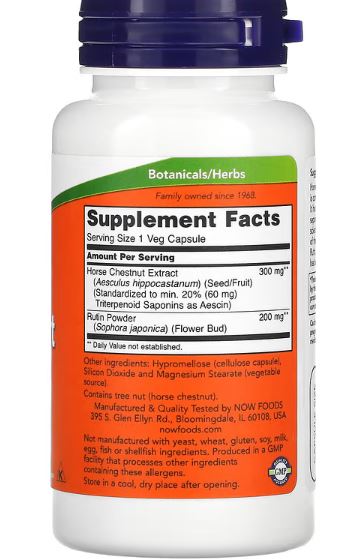 Divlji kesten(Horse Chestnut) + Rutin, 300 mg, 90 veg.kaps.Now Foods;Kombinacija escina i rutina poboljšava protok krvi u kapilarima, korisno za hladne ekstremitete, i dijabetičke angiopatije,za tretman prošinenih vena,hemoroida i otoka...