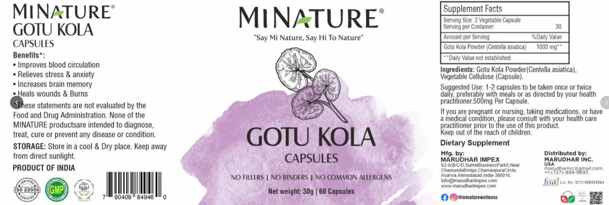 Gotu Kola 6kaps.,doza u 2 kapsule je 1000mg;"Mi Nature"-Indija; Poznata u Ajurvedi kao biljka dugovječnosti ,za regenaraciju tkiva,moždano-konigitivna podrška