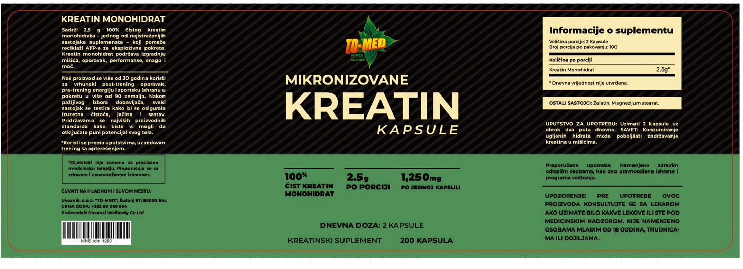 Kreatin Monohidrat Mikronizovani 100 kaps.U 2 kapsule doza od 2,5grama;Izrazito bioraspoloživiji od drugih i manju gastrointestinalnu nelagodnost....Za veću snagu vaših mišića,energiju i veću izdržljivost. 2 pakovanja uz popust