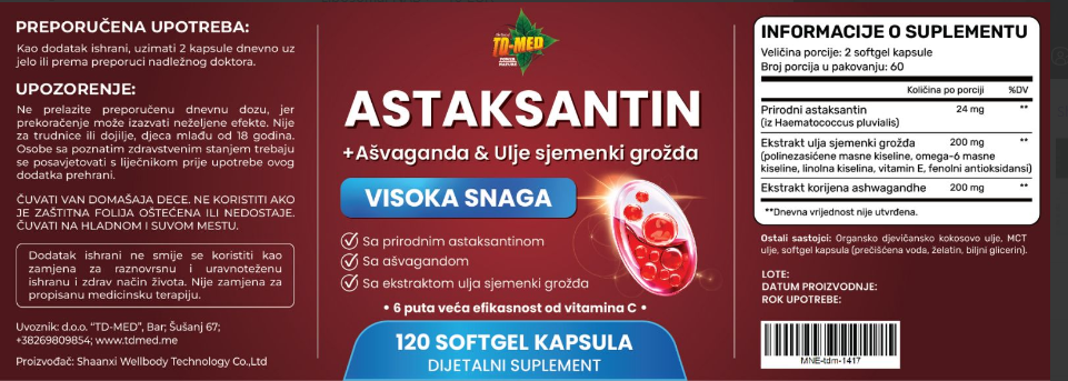 Astaksantin( Astaxanthin) +Ashwagandha i semenke Grožđa extract ulje-visoke snage,120 kaps.( od 24mgAstaxanthina + dodatci u 2 kapsule) ,za zdravlje kardiovaskularnog sistema,očiju,kože,zglobova i imunitet, Reklamna akcija