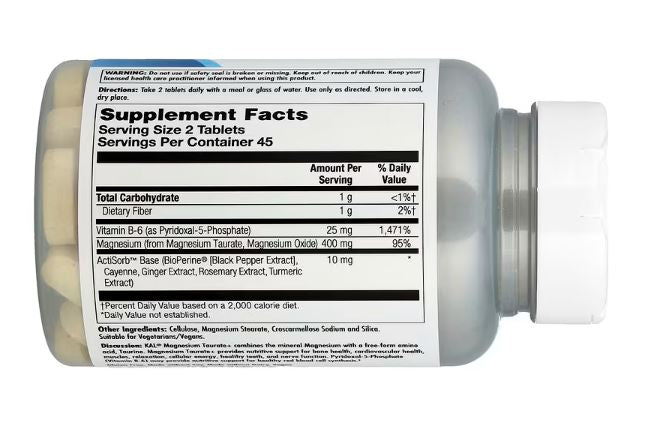 Magnesium Taurate +,400mg, 90 tableta - Kal.USA; za kardiovaskularno zdravlje(problem Aritmija), podrška nervnom sistemu i potencijalno poboljšan san. Poznat je po tome što je blag za želudac i potencijalno pomaže u apsorpciji magnezijuma u mozak