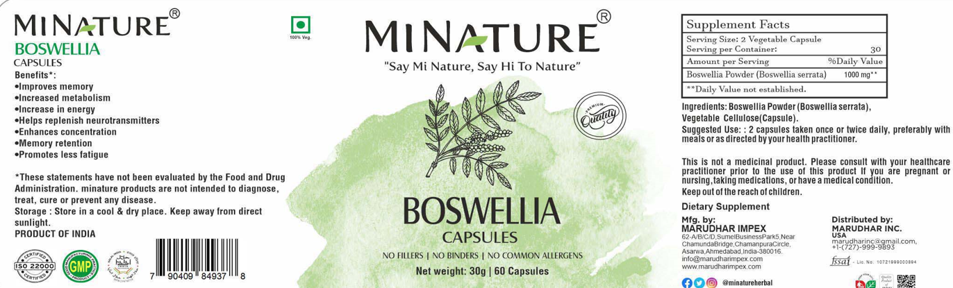 Boswellia (Indiski Tamjan)- 1000mg u 2 kapsule; 60 kaps.-"Mi Nature Original"-Indija;Prirodna podrška zglobovima, pokretljivosti i opštem blagostanju organizma