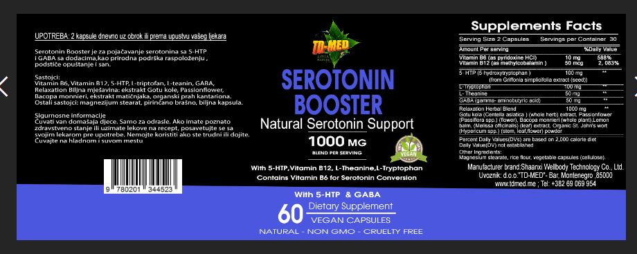 SEROTONINE Booster(Pojačivač Serotonina)1000mg-60 caps.Za raspoloženje, fokus, san i emocionalnu stabilnost — bez rizika od sedacije ili zavisnosti.Naš BREND-jedinstvena formula!REKLANI POPUST!