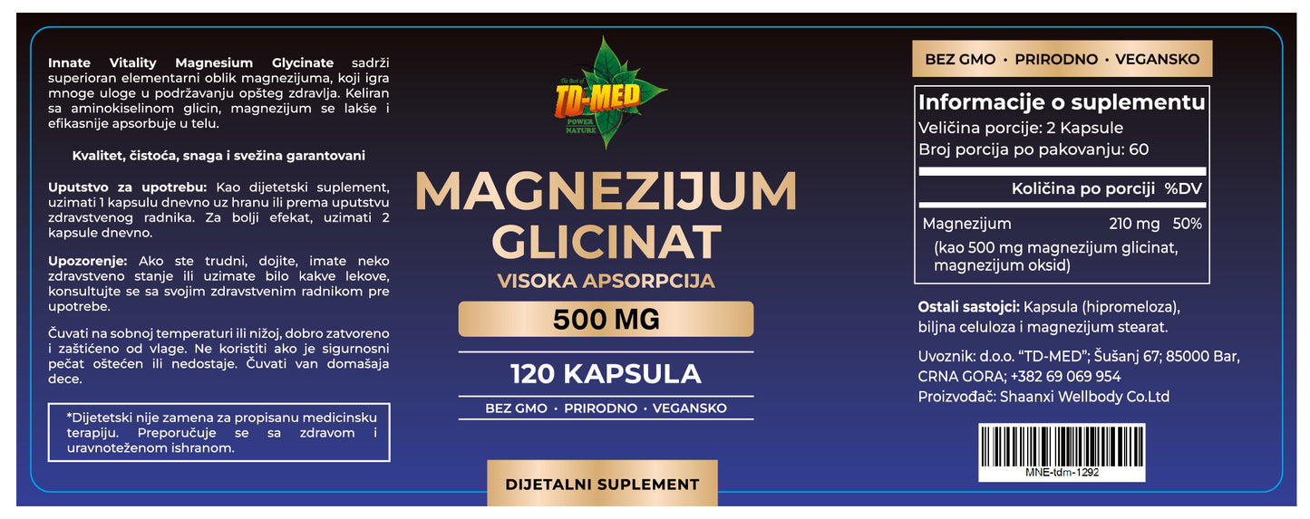 Magnesium GLICINAT(Glycinate) - 500 mg u 2 kapsule;Ublažava stres,bol i grčeve mišića,pomaže kod dijabetisa2,zdravlja srca i nervnog sistema;Veliko pakovanje 120 kaps.,VISOKE APSORCIJE,naš Brend za TD-MED