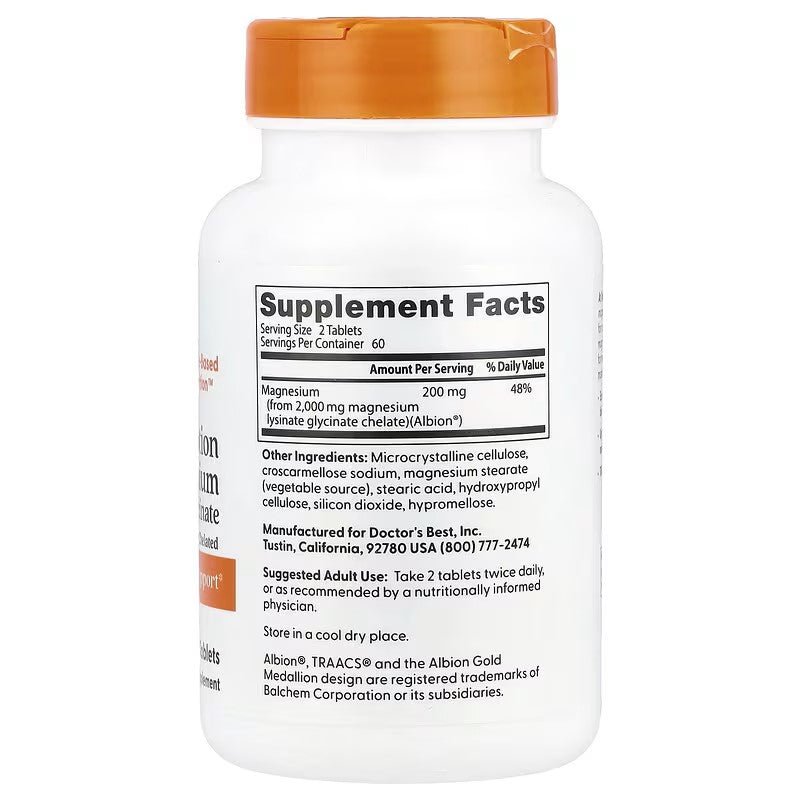 Magnezijum Glicinat sa Lisinatom/Magnezij visoke apsorpcije, 120 tableta, (200 mg po dozi);Za mišićne funkcije,nervni kardio-vaskularni siste,opušteniji san....Doctor's Best-USA;Najprodavaniji