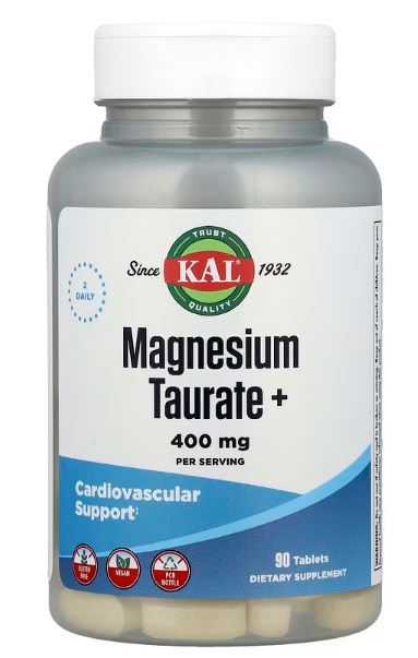 Magnesium Taurate +,400mg, 90 tableta - Kal.USA; za kardiovaskularno zdravlje(problem Aritmija), podrška nervnom sistemu i potencijalno poboljšan san. Poznat je po tome što je blag za želudac i potencijalno pomaže u apsorpciji magnezijuma u mozak