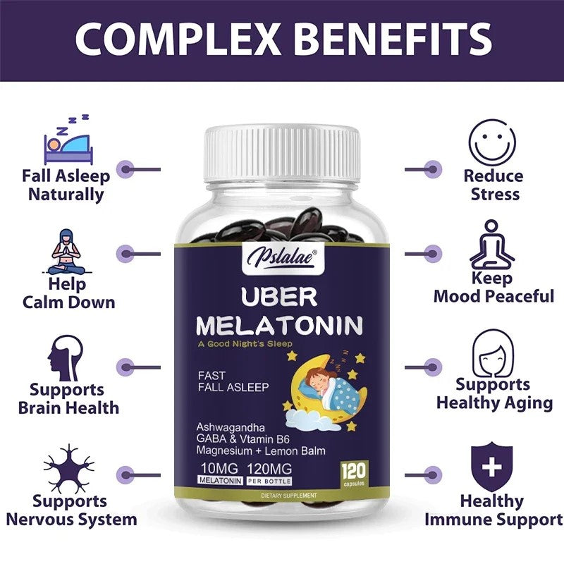 Melatonin 10mg-UMBER sa dodatcima 60 caps;8 u 1 Formula.; Za bolji relax-san i imunitet tokom sna(+GABA, ašvaganda, magnezijum, L-teanin, valerijanu, pasifloru, vitamin B6, vitamin B12, cink, Triptofan, aroma medeni balzam,Matičnjak);"PSLALAC" -USA