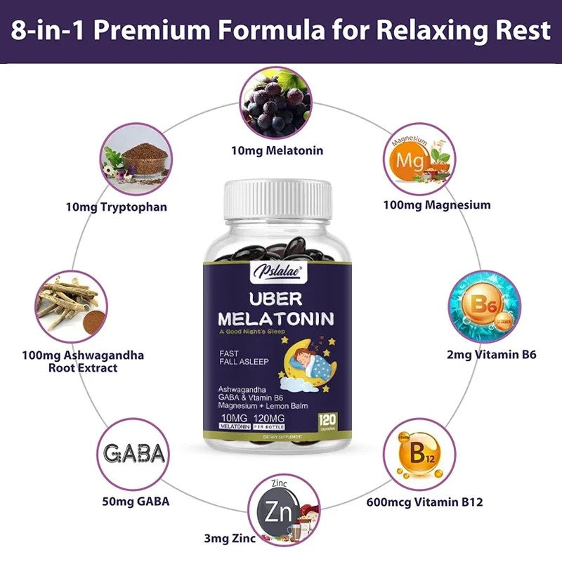 Melatonin 10mg-UMBER sa dodatcima 60 caps;8 u 1 Formula.; Za bolji relax-san i imunitet tokom sna(+GABA, ašvaganda, magnezijum, L-teanin, valerijanu, pasifloru, vitamin B6, vitamin B12, cink, Triptofan, aroma medeni balzam,Matičnjak);"PSLALAC" -USA