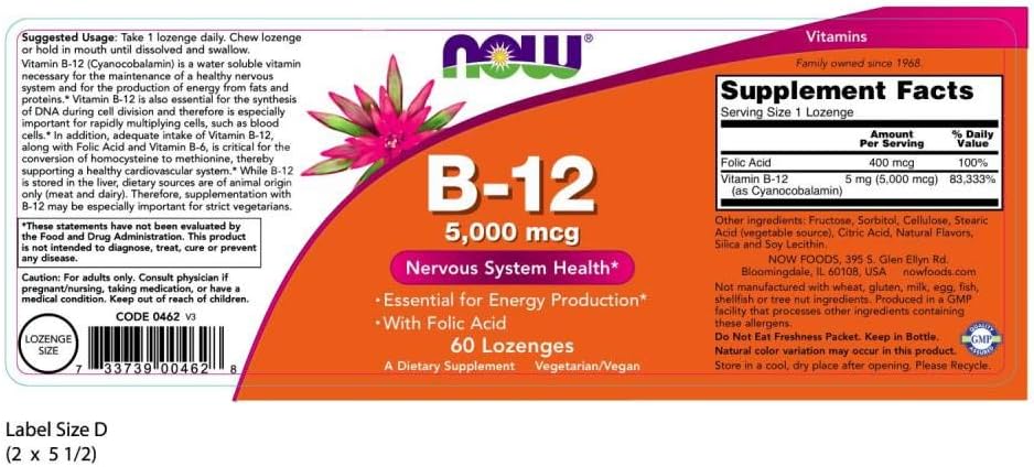 Methyl B-12 (Methylcobalamin) 5,000 mcg sa dodatkom Folne kiseline 400mcg,/60 topivih lozengi Za zdravlje nernog sistema,za energiju ,prevencija anemije i za zdravlje srca i krvnih sudova