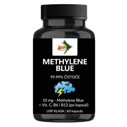 METILEN PLAVO u 60 kapsula,(Methylene Blue) 10mg;sa dodatkom Vit.C +Vit. B6 i B12; za Poboljšanje funkcije mozga,Podrška energiji i metabolizmu,prevenciji neurodegenerativnih bolest i još toga...Naš Brend proizveden za nase tržište!