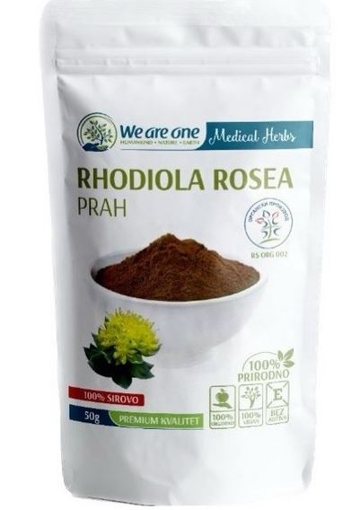 Rhodiola Rosea prah organic 50g- "We Are One";Pomaže telu da se prilagodi stresnim situacijama ; smanjuje hronični fizički i mentalni umor,podiže energiju sportistima i starijim osobama