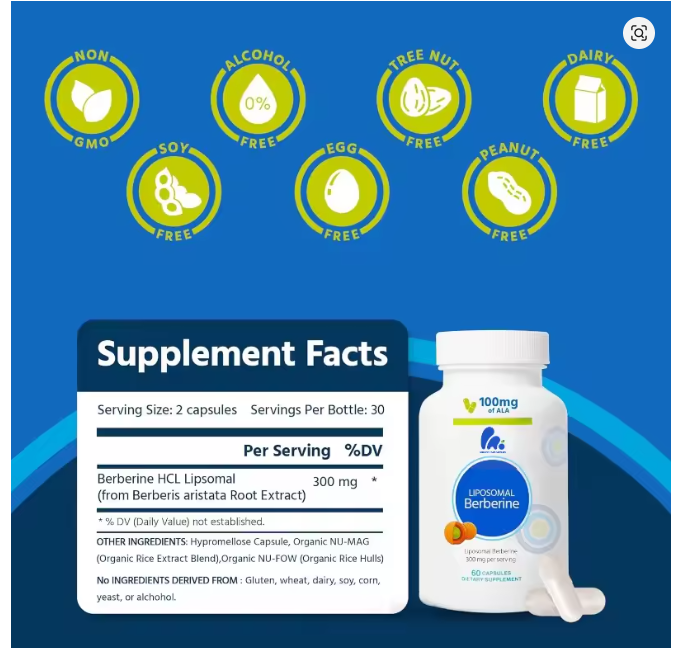 Berberin LIPOSOMAL 300mg- 60 kaps.Izrazito bolja apsorcija i bioraspoloživost.Koristi u borbi sa Insulinskom rezistencijom,za metabolizam šećera,podrška mršaljenju,smanjenju Triglecirida i Holesterola i još mnogo toga;REKLAMNA CENA!