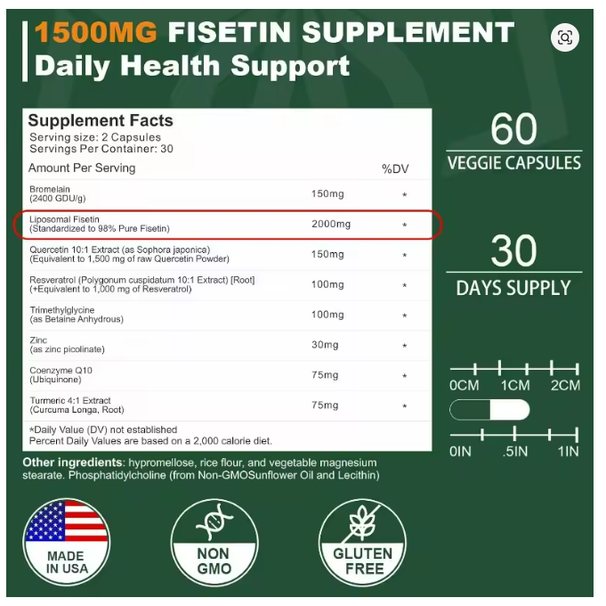 LIPOSOMAL FISETIN 2000mg/60 caps sa dodatcima (Kvercetin 10:1;Resveratrol 10:1;Koenzim Q10;Cink (pikolinat);Trimetilglicin (TMG);Bromelain i Kurkumom;Za kognitivnu podršku, zdravlje ćelija i usporavanje starenja;Prvi put kod nas sa REKLAMNOM cijenom!