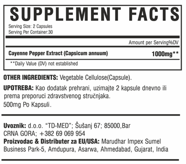 Kajenska paprika Extract-"Cayenne Peper"60 kaps/1000mg u 2 kaps.",Za bolju cirkulaciju,energiju i toplinu.manji LDL Holesterol i još toga....