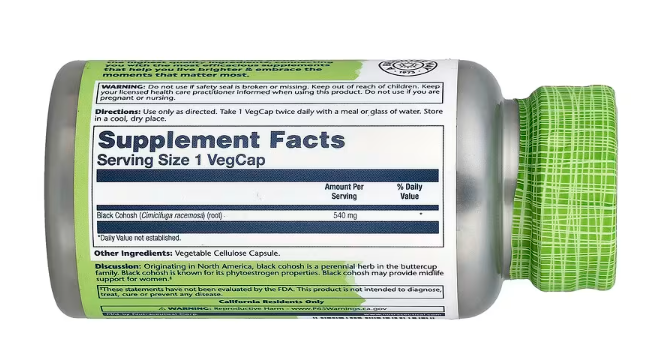 Crni kohoš(Blck Cohosh), 540 mg, 100 veg.kaps:Za podršku ženama u srednjim godinama:Ublažava simptome menopauze – posebno Valunge, noćno znojenje, promjene raspoloženja i poremećaje sna,i još toga; Solaray-USA