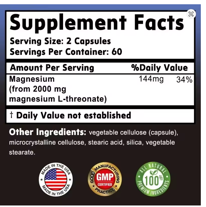 MAGTEIN-(NEURO-MAG.)L-Threonate;120 caps.-1000mg;Dnevna doza 2 kaps-2000mg;Za bolje pamćenje i memoriju,bolji rad moždanih ćelija...Reklamna AKCISKA cijena,Veliki popust za 3 komada