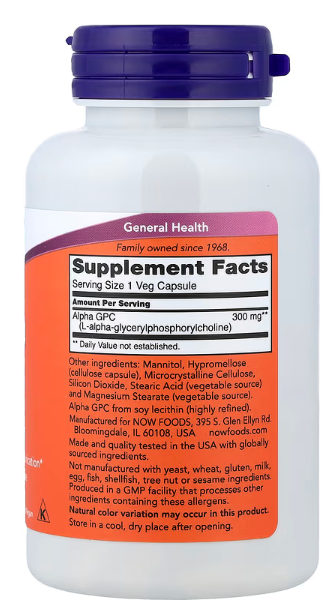 Alpha GPC 300mg-60 kaps.fiziološki prekursor acetil-holina, neurotransmitera koji je uključen u pamćenje i druge kognitivne funkcije;Može pomoći kod oporavka od moždanog udara,pomaže pamćenju,raspoloženju i još toga...Now Foods USA