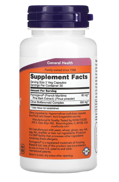 Pycnogenol (Piknogenol)30mg/60 caps sadrži dvije izuzetno moćne komponente: Pycnogenol® (ekstrakt francuskog morskog bora) i Citrus Bioflavonoid Complex;Now Foods-USA;Idealna mješavina za zdravlje krvnih sudova-srca,problema sa venama,zglobova i kože