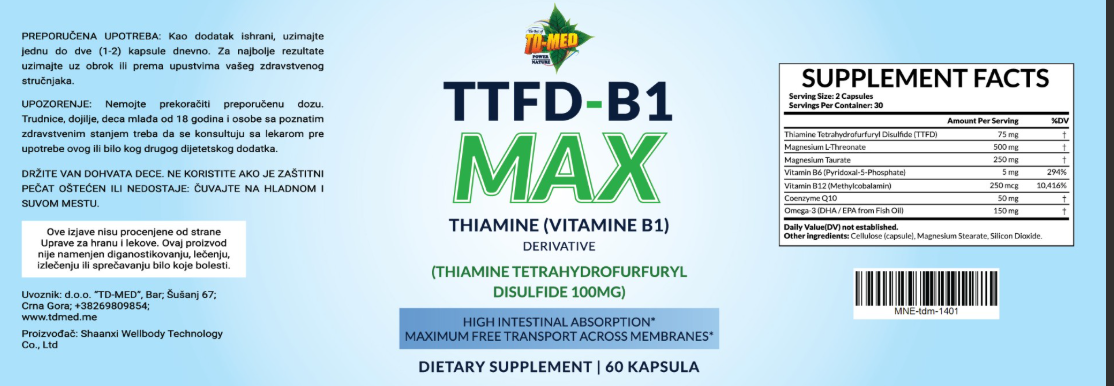 TTFD‑B1 MAX 60 caps.(Derivat B1 sa bitnim dodatcima)-Sinergijska formula za energiju i nervni sistem,za više elana,motivacije i manje umora,Za Energiju kakvu niste osetili!... još toga,Naš BREND sa sertifikarom-prvi put kod nas Reklamna Akciska cijena