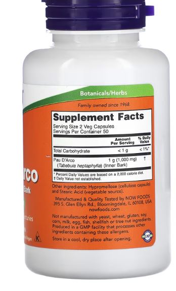 Pau D' Arco-Tahebo, 500 mg, 100 biljnih kaps.NOW Foods USA;Ima mnogo zdravstvenih svojstava. Antifungalni, Antivirusni, Antimikrobni,Za poboljšanju općeg blagostanja, poboljšanje imuniteta i bržem oporavku od bolesti poput prehlade i gripe