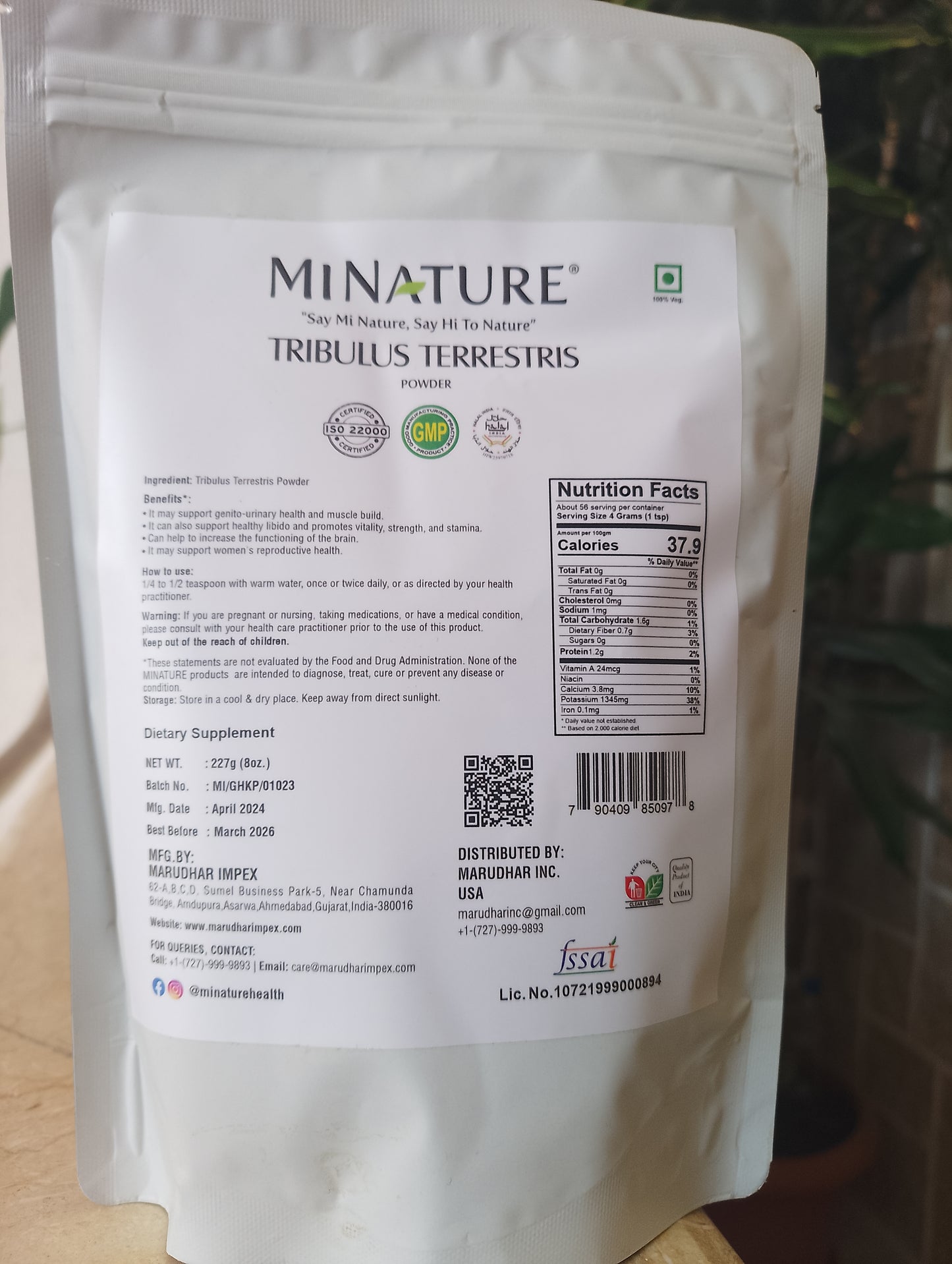 Tribulus prah-Tribulus Testeris 227g ; Organic -Indija Mi Nature