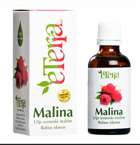 Ulje semenki Maline 50ml- Eterra;Hladno cijedjeno,Poznato po prirodnoj UV zaštiti i regenerativnom dejstvu. Pogodno za negu lica, tela i kose – bez aditiva, potpuno prirodno.