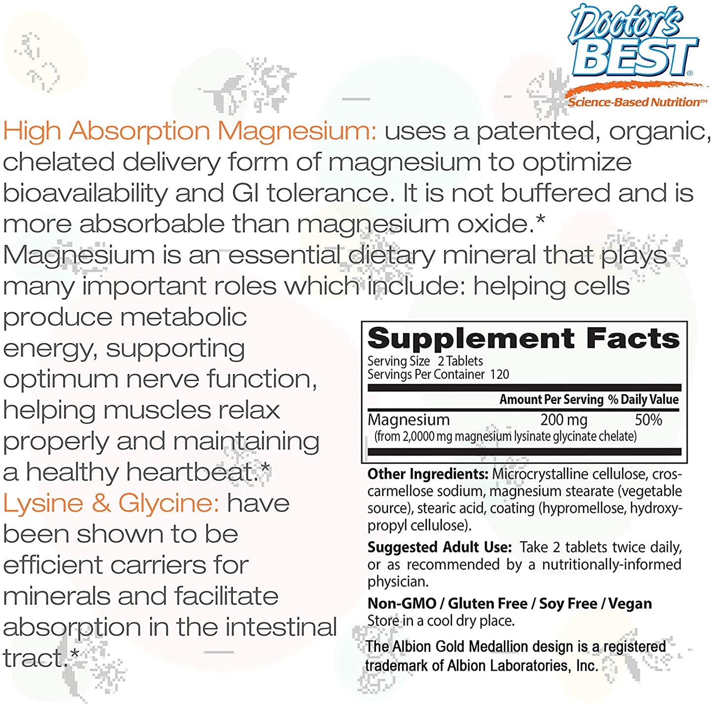 Magnesium visoke Apsorcije 100% helatni ;Magnezijum (od 2.000 mg magnezijum lizinat glicinat kelata) (Albion®) Dr Best