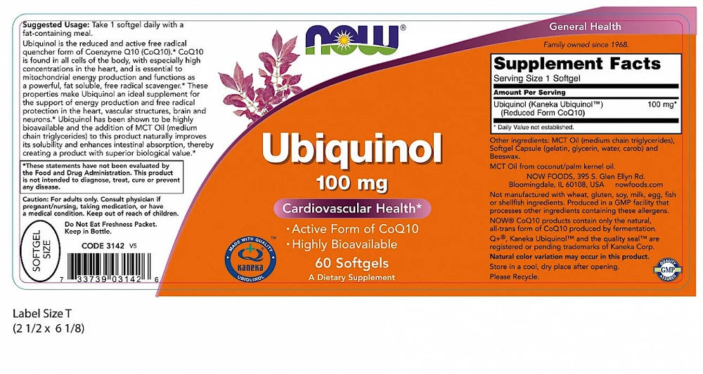 Ubiquimol- Ubikinol, 100 mg, 60 mekih kaps.NOW Foods USA,za kardiovaskularno zdravlje srca,preporuka za aritmije i više energije srčanog mišića,Kaneka - Napravljeno od kvalitetnog ubikinola