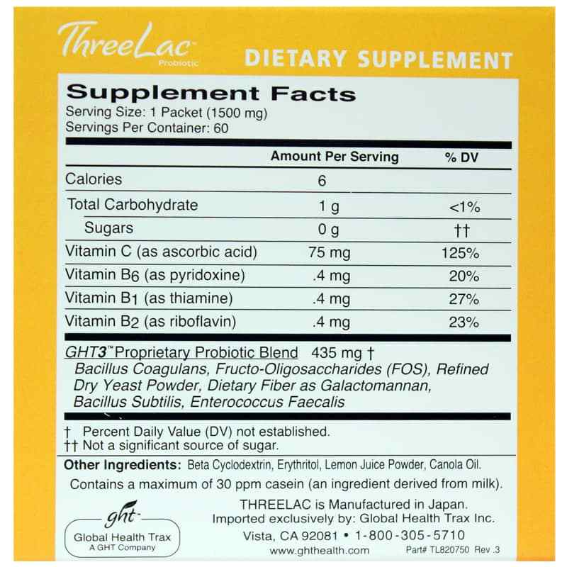 ThreeLac probiotik za borbu sa KANDIDOM i želudačno-crevnim problemima,60 kesica; s okusom limuna;Global Health Trax Original USA