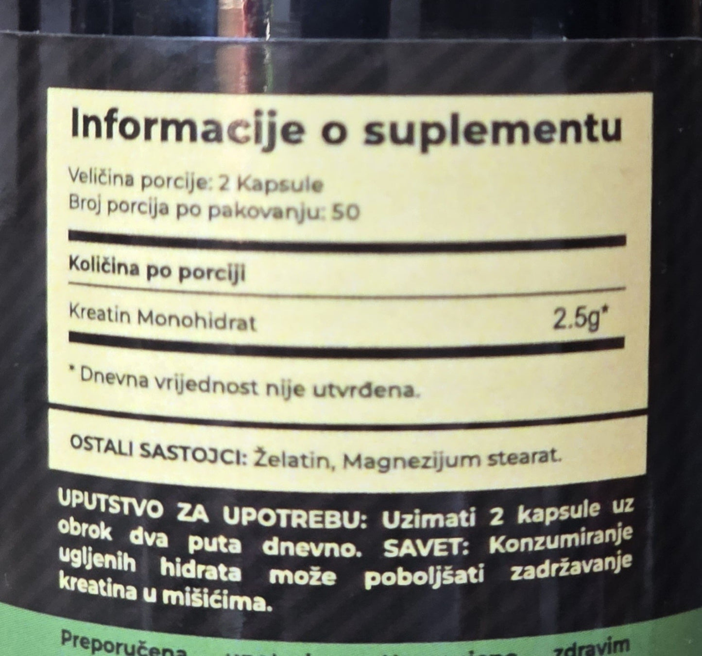 Kreatin Monohidrat Mikronizovani 100 kaps.U 2 kapsule doza od 2,5grama;Izrazito bioraspoloživiji od drugih i manju gastrointestinalnu nelagodnost....Za veću snagu vaših mišića,energiju i veću izdržljivost