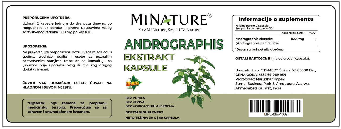 Andrographis(ANDROGRAFIS) 60 caps od po 500mg. Mi Nature Original;Za vaš imunitet,protiv gripa i virusa,u borbi sa kancerom detox jetre,jačanje zdravlja zglobova,,moguća primena i kod post- Hemoterapije....