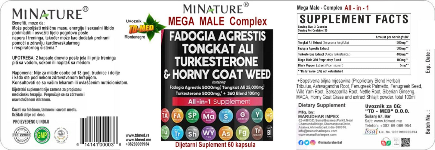 MEGA MALE- komplex 60 caps. sa Tongkat Ali,Fadogia,Turkesterone sa komplexom biljnih mocnih dodataka uljučujuću i čiveni Shilajit sa Blak Paperom za bolju apsorciju, Mi NATURE