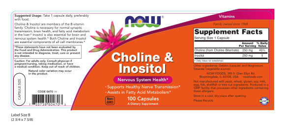 Choline Inositol 250mg- 100 caps. Now Foods USA