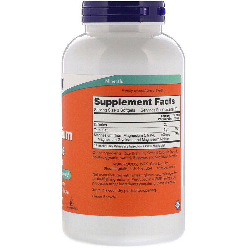 Magnesium Citrate, 180 softgels,Efikasna bioraspoloživost; sa Glycinate and Malate Now Food