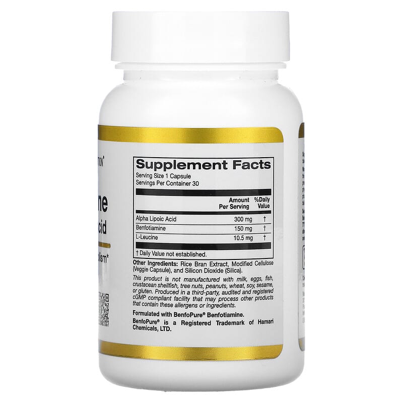 Benfotiamin 150 + alfa-lipoična kiselina 300 + L-Laucine,30 caps.Carifornia Gold USA