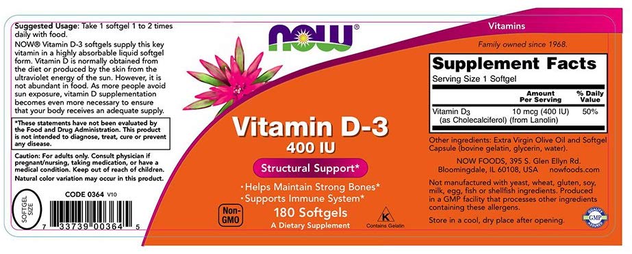 Vitamin D3 -400 IU/180 softgels(Now Foods); Veliko porodično pakovanje