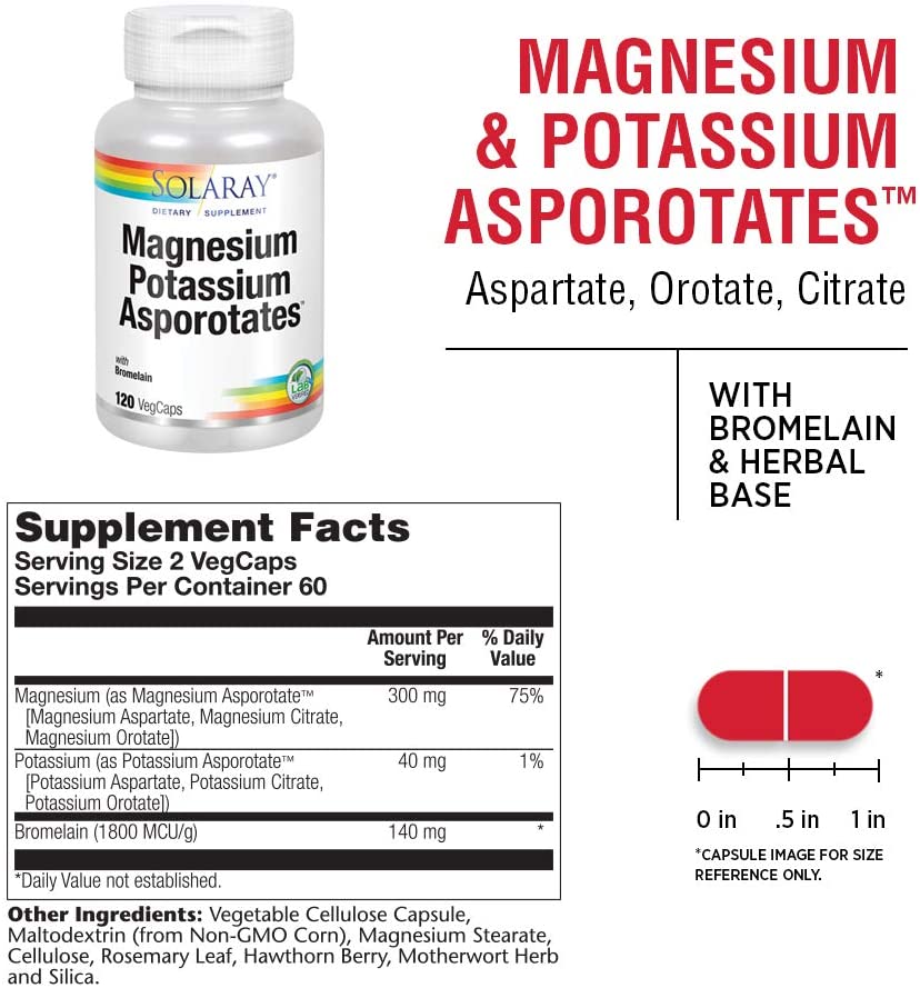 Magnesium Potassium Asporotates + Bromelain, 120 VegCaps.-Solaray,