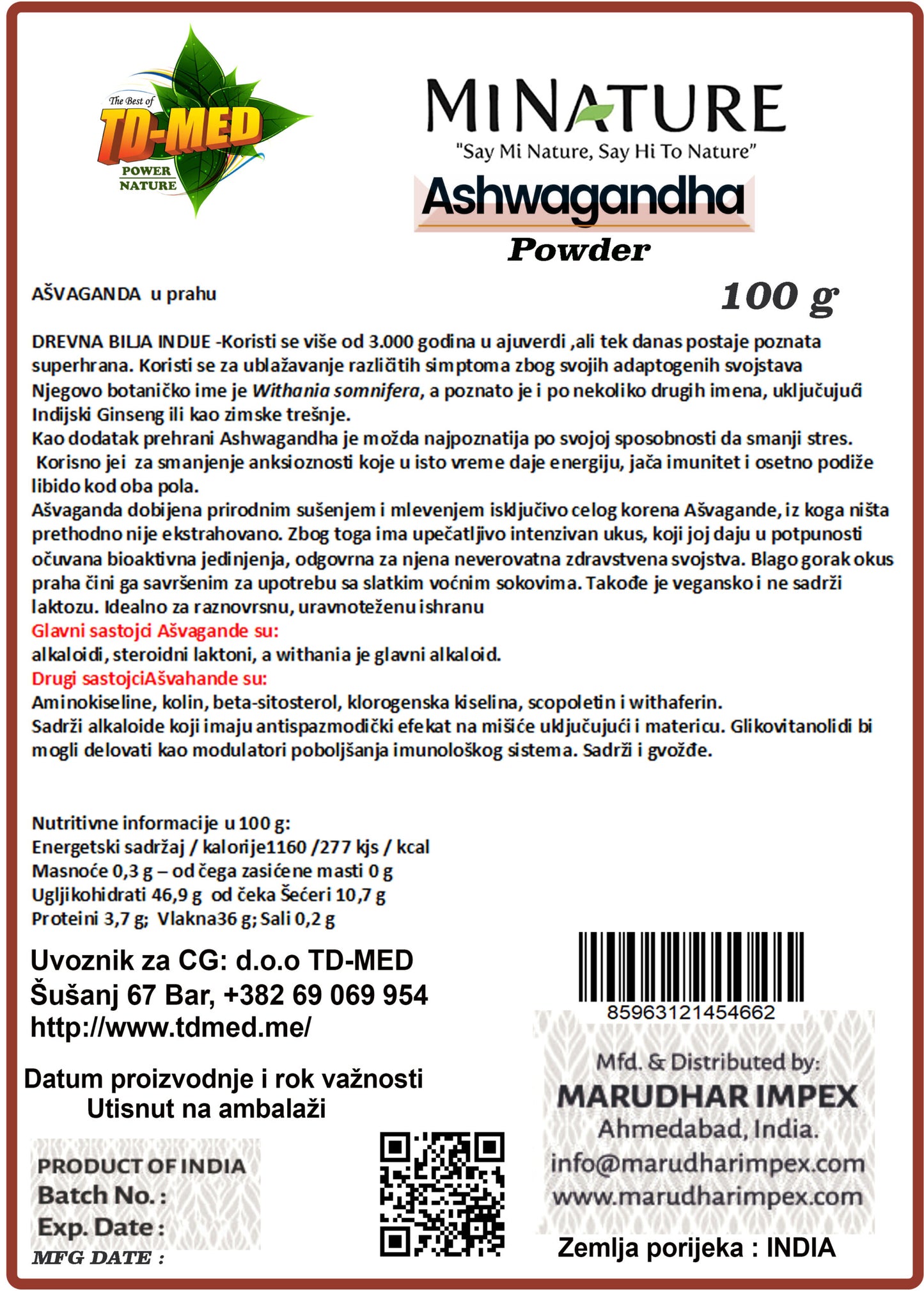 Ashwhagandha-Ašvaganda prah 100 g – Original Indija-Organic