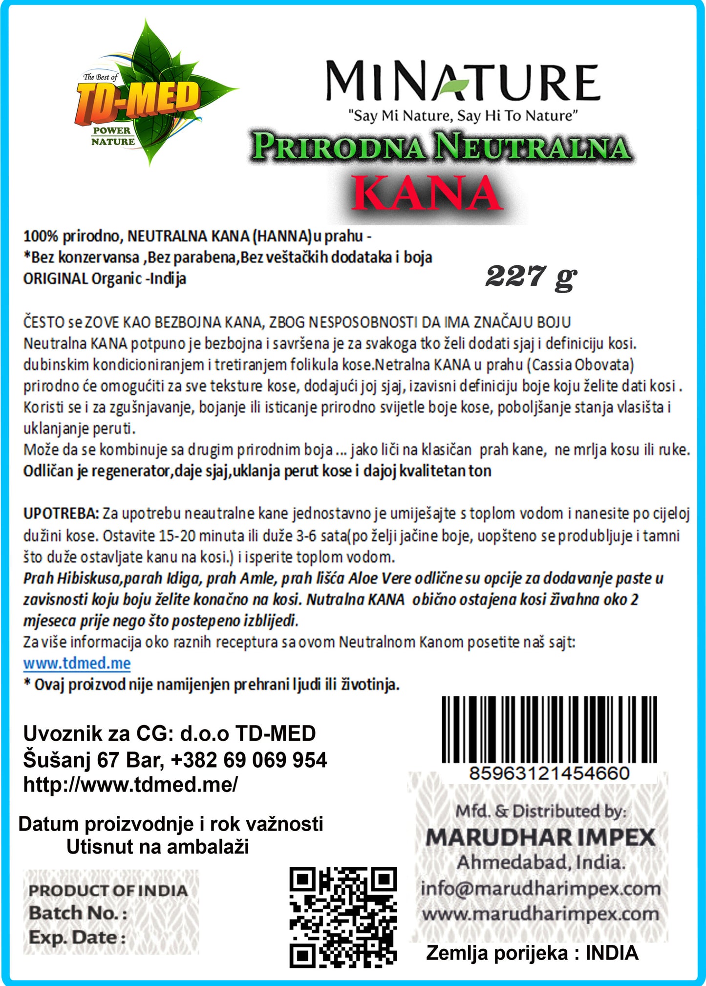 Prirodna Netralna  Kana-Henna u prahu 227g,za kosu, Original Indija