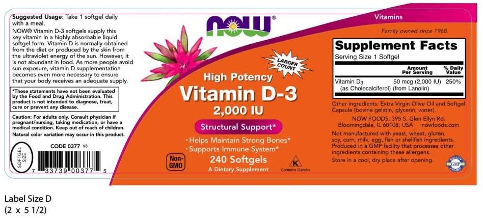 Vitamin D-3, visoka potencija, 5.000 IU, 240 mekih gelova , Now Foods