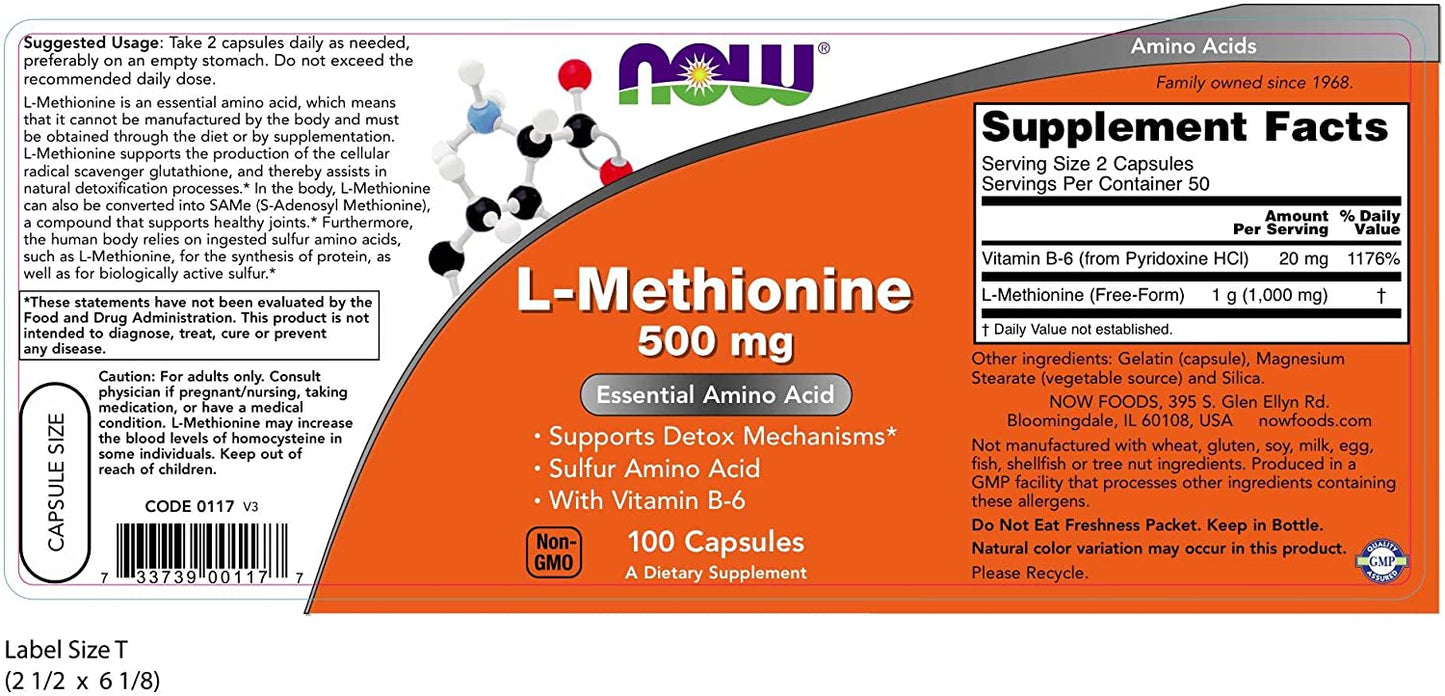 L-Methionine 500mg-100 caps. Now Foods USA; Pomaže u prirodnim procesima detoksikacije,i podržava glutation (moćni prirodni antioksidans); Za zglobove ,jetru i više energije i kreatina