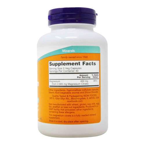 Magnesium Citrate 400mg, 120 Veg Capsules NOW Foods