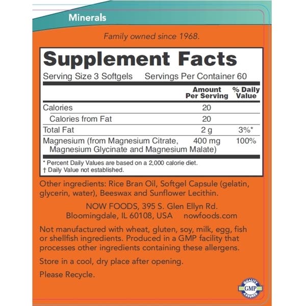Magnesium Citrate, 180 softgels,Efikasna bioraspoloživost; sa Glycinate and Malate Now Food